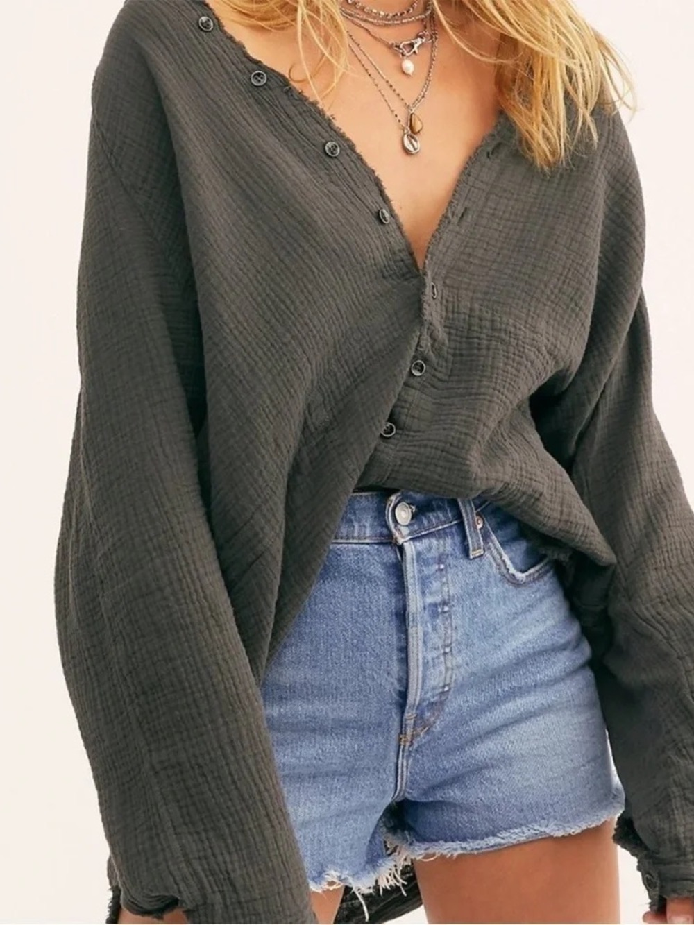 We the Free Summer Daydream Button-down Gauze Shirt in Black - Picture 3 of 7